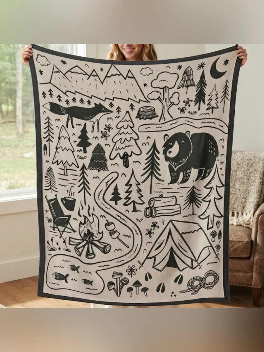Camping Forest Bear Nature Theme Soft Woven Gildan Blanket